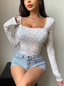 DAZY Camiseta de manga larga con cuello cuadrado, ajuste delgado, con estampado floral diminuto, para primavera/verano, ropa de otoño estilo Y2K - Multicolor - Ver 6