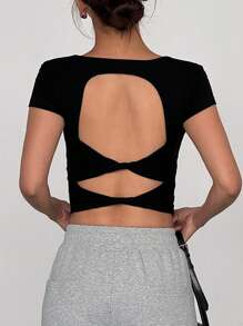 INAWLY Áo thun ngắn tay hở lưng mùa hè cơ bản màu đen dành cho nữ - màu đen - Xem 2