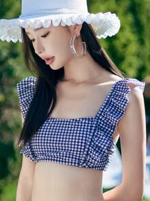 DAZY 女士夏季海滩格纹荷叶边泳衣上衣 - 黑與白 - 查看 3