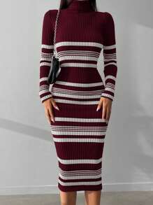 EURMUSE Striped Pattern Turtleneck Bodycon Sweater Dress - Red and White - View 6