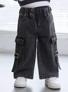 SHEIN 嬰兒男童休閒軟質磨破洗黑色貨袋寬鬆直筒牛仔褲，適用於春夏裝扮 - 灰色 - 查看 7