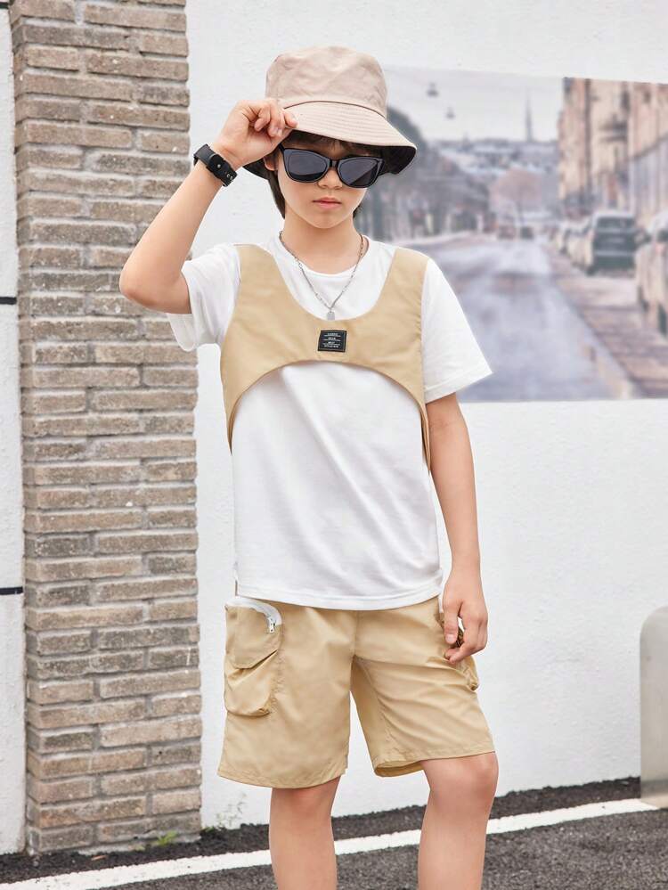 Tween Boy 2pcs Casual Short Sleeve Colorblock Top And Work Shorts Set, Summer