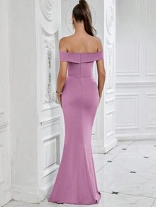 ADYCE 露肩开衩高腰褶皱侧边鱼尾裙摆鸡尾酒会礼服，优雅适合晚宴、正式晚宴、婚礼宾客穿着（女装） - 淡紫色 - 查看 2