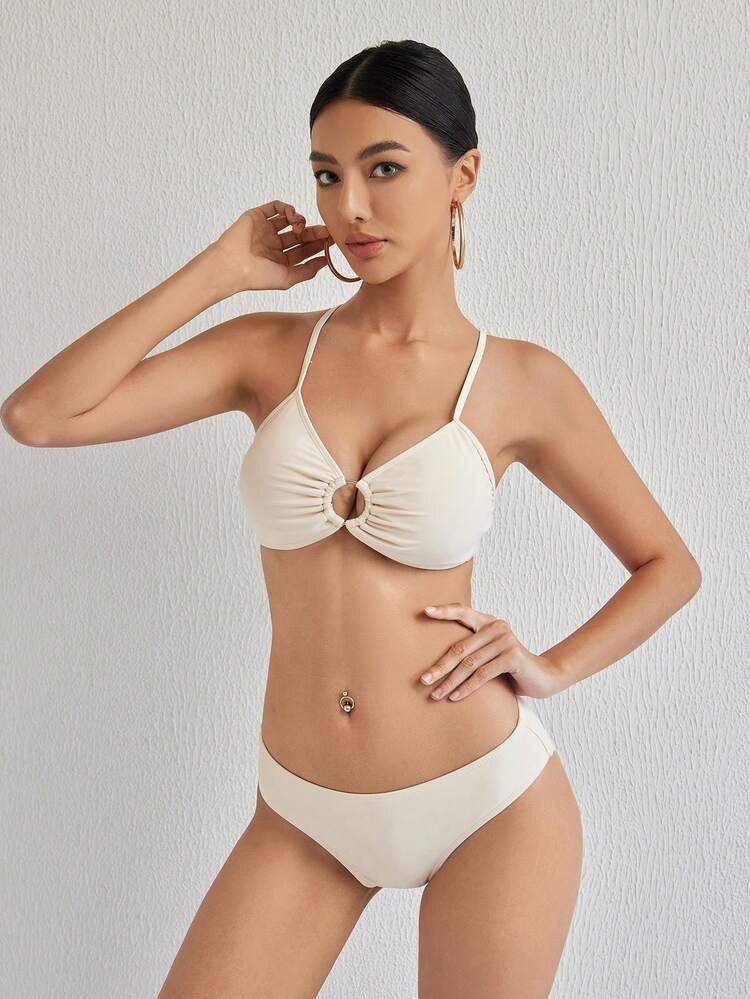 Women's Four-Piece Solid Color Bikini Set With Circular Linkage For Summer Beach, Matching Long-Sleeved Shirt And Skirt Cover-Ups Sheer