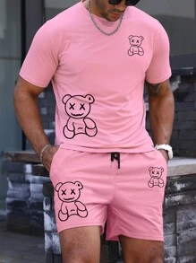 Manfinity Homme Plus Size Men's Cartoon Teddy Printed Round Neck Short Sleeve Casual T-Shirt And Drawstring Waist Shorts Set, Summer - Pink - View 5