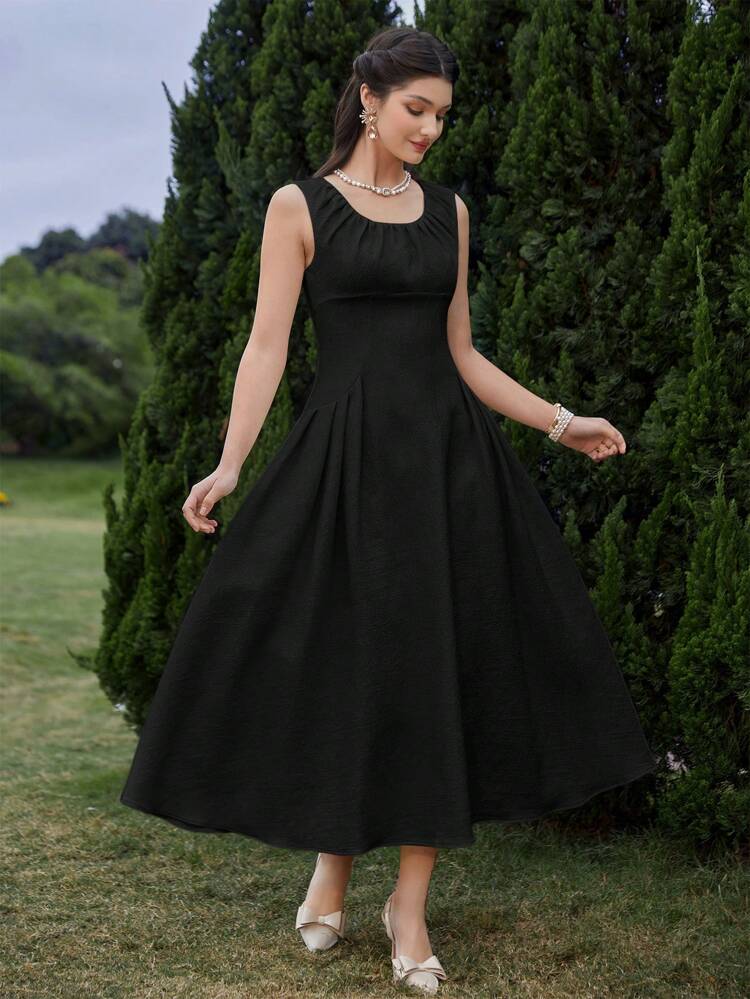 Women's Fashionable Simple Solid Color Elegant Slim Waist A-Line Dress Long Evening Dresses