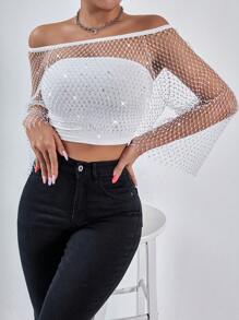 Zolique 女士时尚性感水钻渔网露肩文胸无袖短款上衣和系带露肩上衣性感时尚上衣套装，适合夏季和秋季穿着。 - 白色 - 查看 3