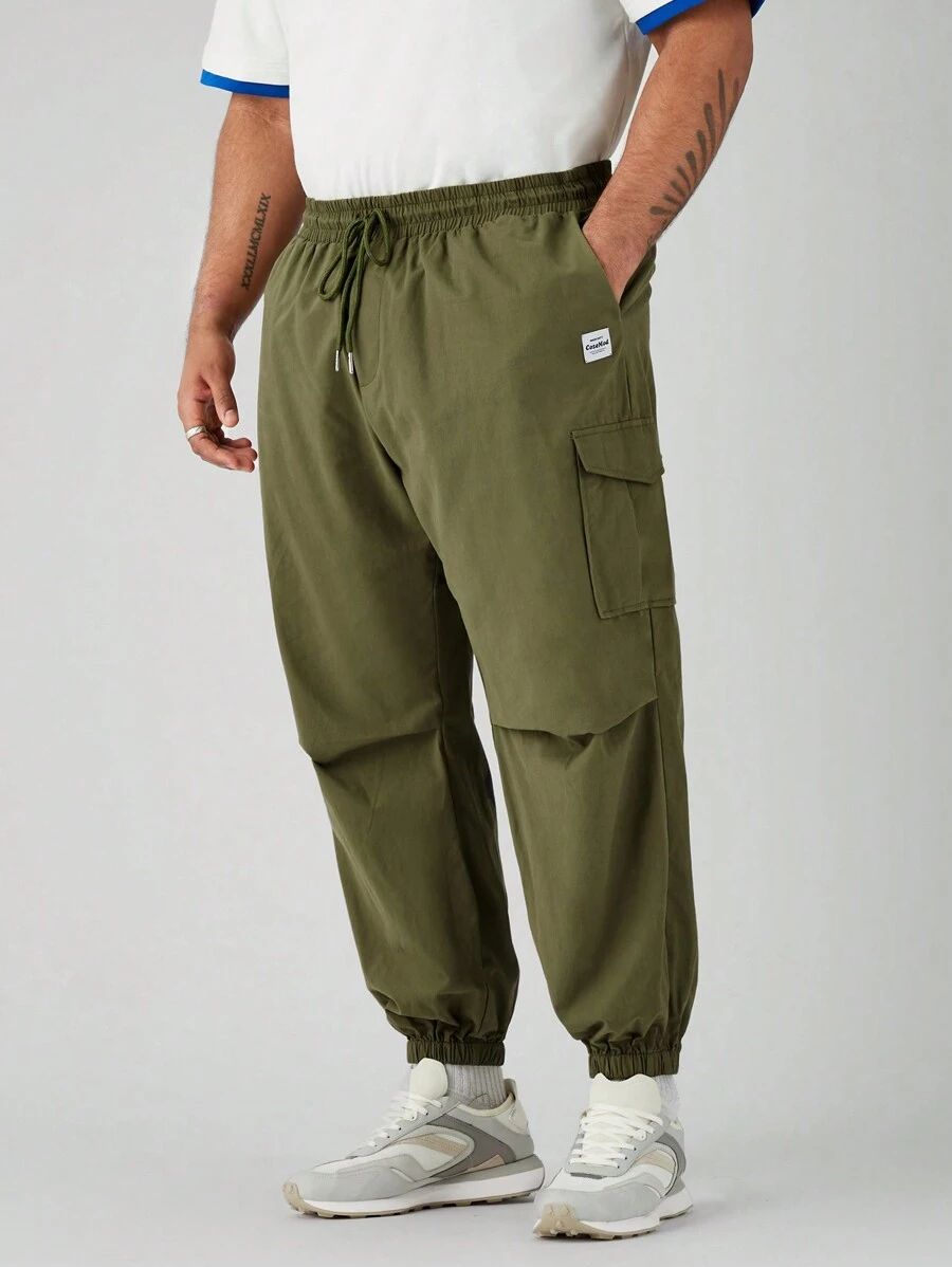 Manfinity VCAY Men's Solid Woven Mid-Rise Plus Size Integrated Casual Straight Tapered Joggers, Suitable For Everyday Wear In Spring And Summer - Army Green - View 1