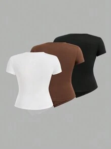 SHEIN Essnce Áo thun xếp ly cổ tròn cỡ lớn dành cho nữ, 3 cái/bộ - Nhiều màu - Xem 2