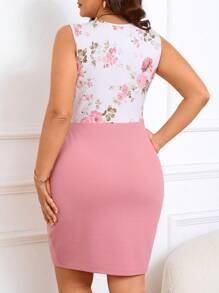 SHEIN Frenchy Plus Size Bridgerton Elegant Printed Sleeveless Bodycon Dress With Hip-Wrapped Mini Dress - Pink - View 2