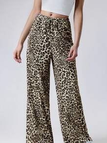 LYSMO Women's Summer Fashionable Leopard Print Wide Leg Pants-Animal Prints Western - Khaki - View 1