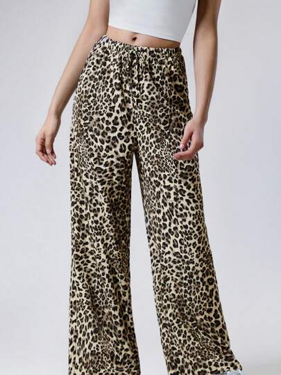 LYSMO Women's Summer Fashionable Leopard Print Wide Leg Pants-Animal Prints Western
