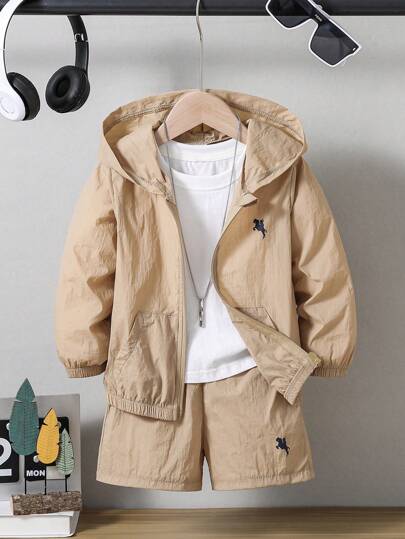 Conjunto de 2 piezas de chaqueta con capucha y pantalones cortos de manga larga sencillo y casual para niños jóvenes, adecuado para uso diario, look universitario, ropa deportiva, primavera/verano/otoño