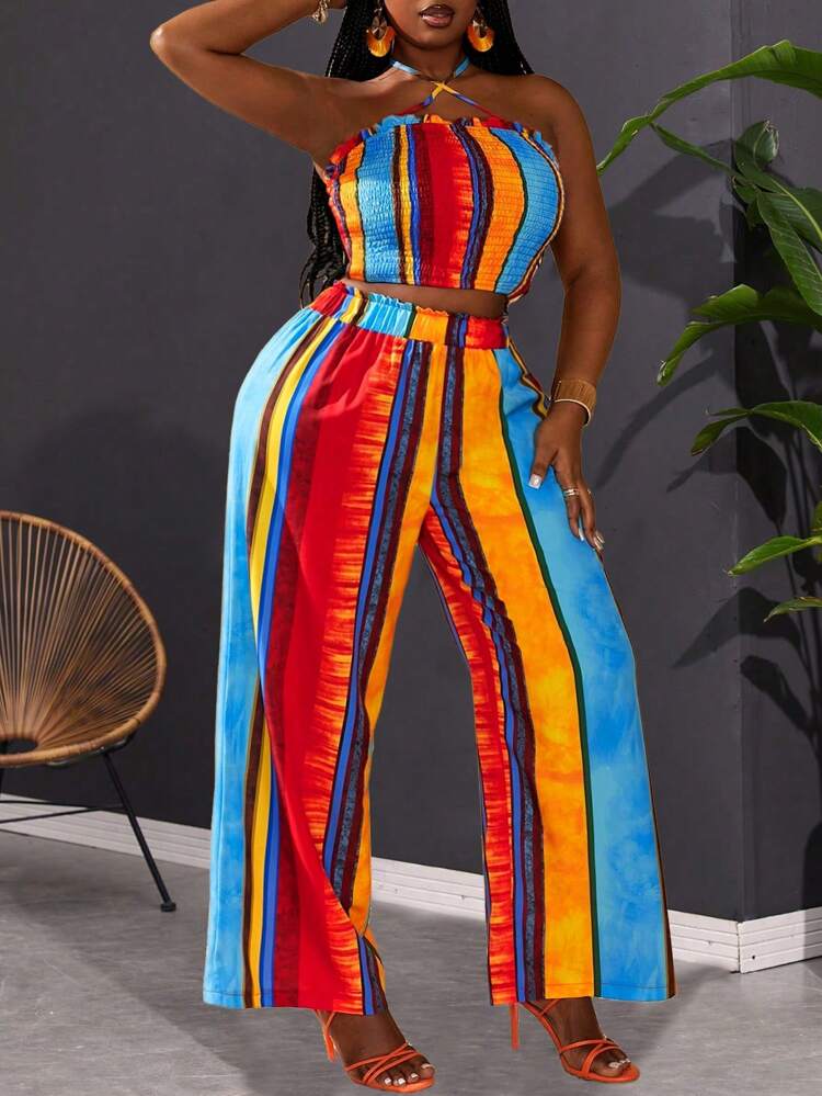 Plus Size Women's Colorful Striped Halter Crop Top And Casual Pants Vacation Two-Piece Set