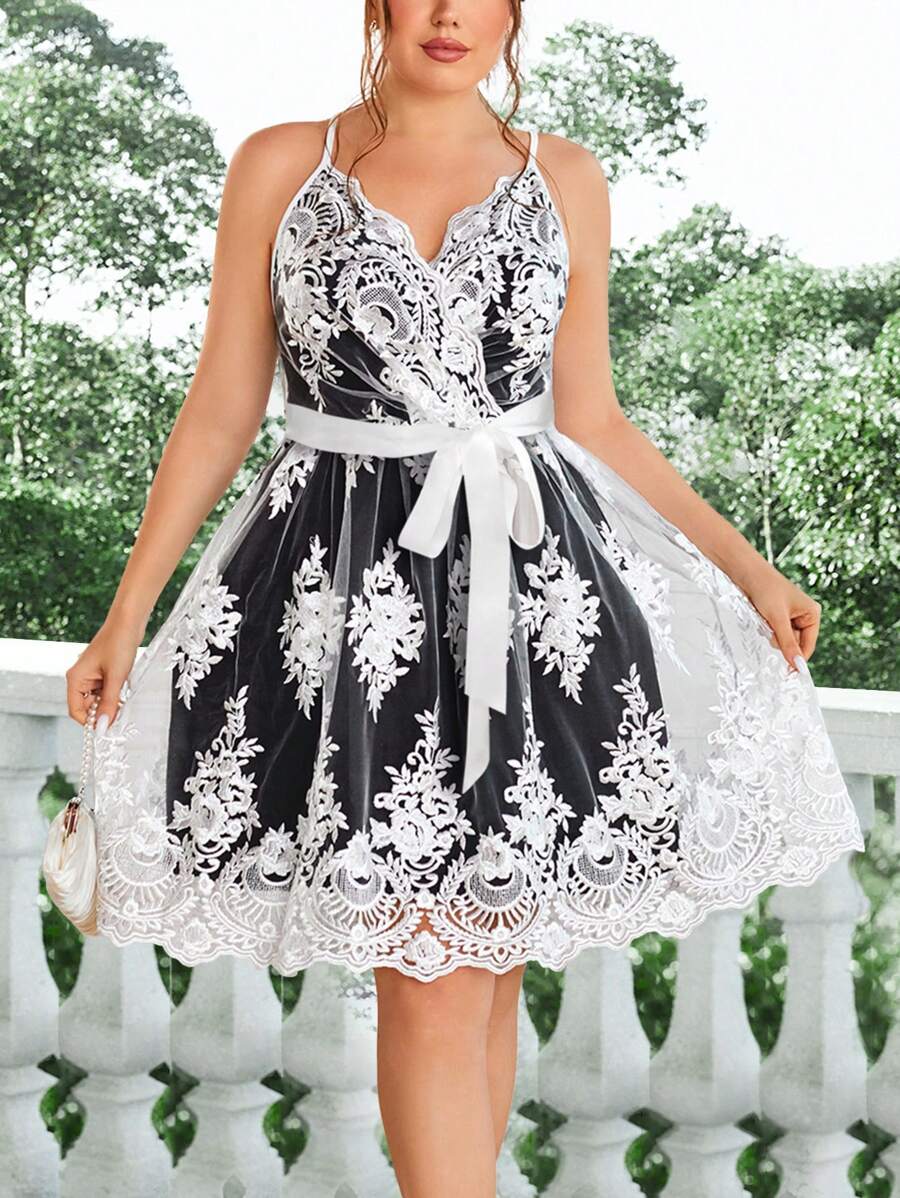 SHEIN Belle Plus Size Belted Mesh Summer Dress With Spaghetti Straps