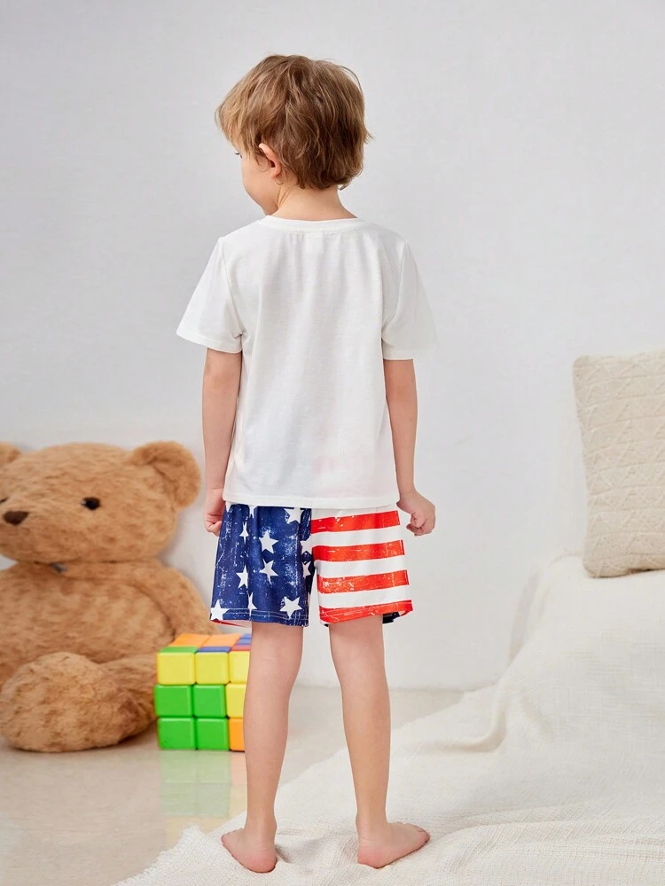 Young Boy American Independence Day Flag Theme Short Sleeve And Shorts Knit Flame Resistant Pajamas Set With Teddy Bear Print, Summer