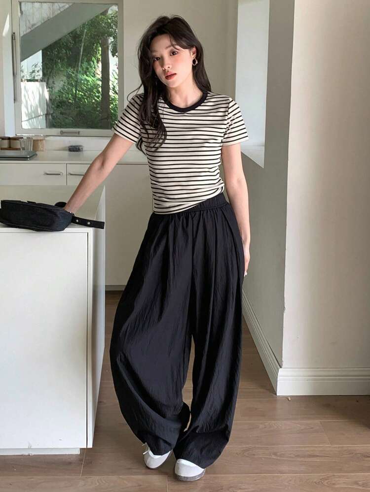 Women's Summer Striped And Printed Round Neck Short Sleeve Casual T-Shirt,Back To School Clothes