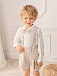 SHEIN 3pcs Gentleman Set: Long Sleeve White Shirt, Herringbone Lapel Vest And Shorts, Stylish For Birthday Party, Wedding, Performance