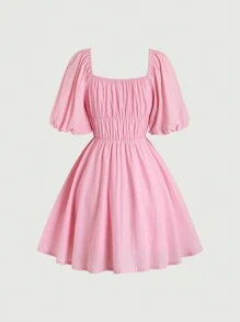 SHEIN Unity 純色荷葉邊復古洋裝，夏季休閒裝 - 淺粉色 - 查看 2