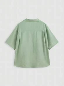 INAWLY Plus Size Summer Casual Solid Color Short Sleeve Shirt - Yellow - View 4