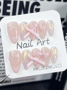 ROMWE Kawaii 10 Bộ móng tay nghệ thuật có thể tháo rời đầy đủ bằng tay ngọt ngào và dễ thương - Hồng - Xem 2