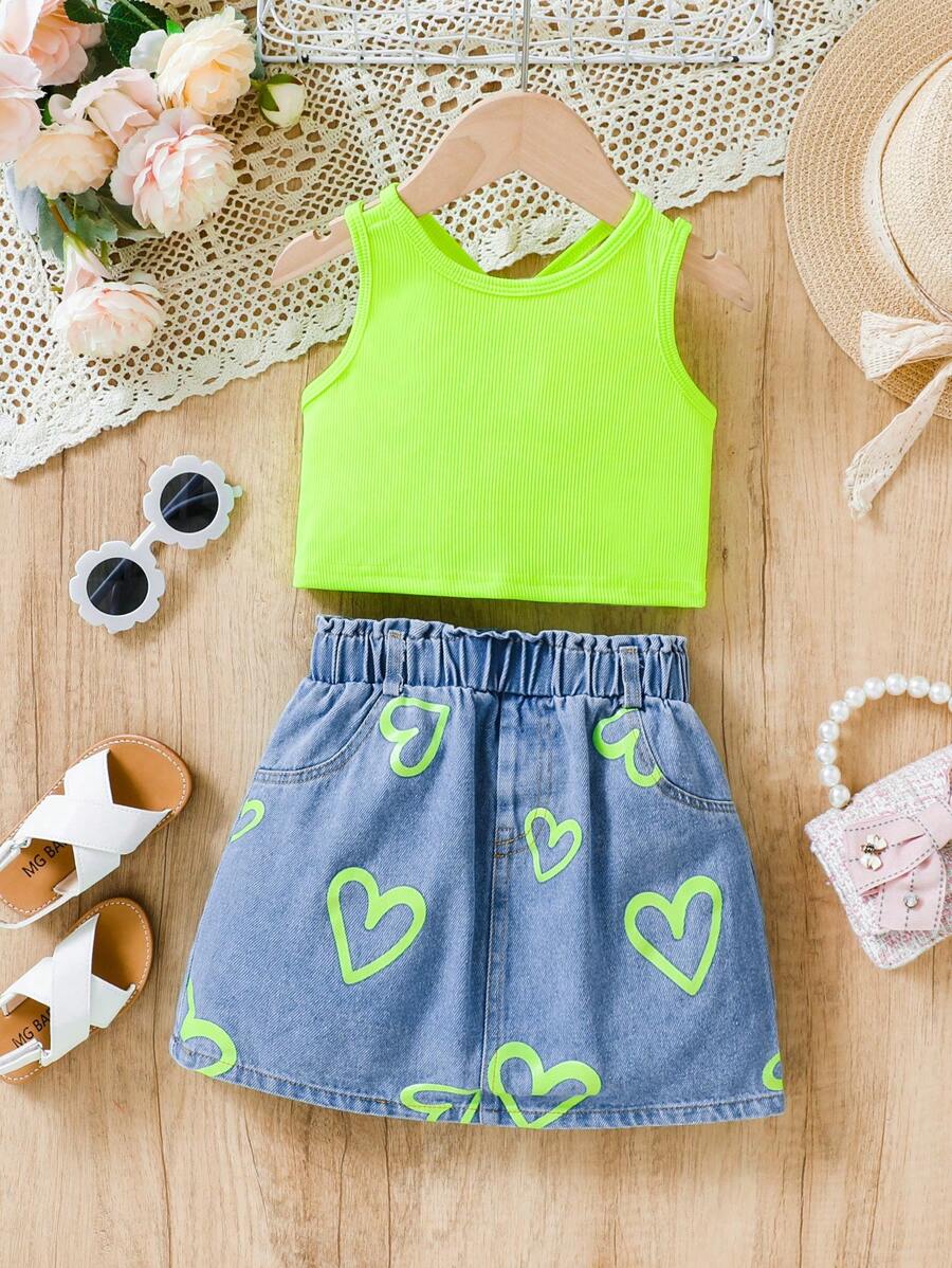 SHEIN Young Girl Cute & Open Shoulder Ribbed Tank Top + Heart Printed Denim Shorts Outfit Set, Summer, School, Campus, College - Green - View 1