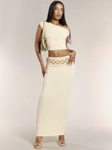 SHEIN BAE Conjunto de Top y Falda para mujeres de moda elegante, sencillo y de unicolor - Albaricoque - Ver 5