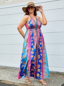 SHEIN VCAY Vestido de playa rosa floral de talla grande para mujer