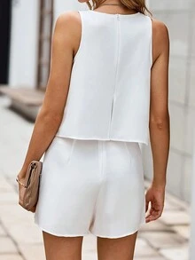 Women's Spring, Summer, Autumn, And Winter Solid Color Casual Elegant Ruffle Edge Back Zipper Sleeveless Solid Color Jumpsuit Shorts - 白色 - 查看 2