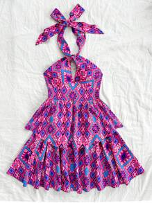 Soleia 女士夏季度假音樂節藍紫色印花迷你連衣裙，採用項圈領，多層鬆軟飄逸的荷葉邊緣設計，流蘇綁帶裝飾 - 彩色 - 查看 5