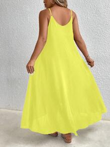 Plus Size Solid Color Hollow Out Circle Decoration Sleeveless Dress, High-Low Hem Elegant Style Maxi Women Outfit