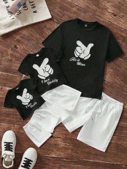 Manfinity Homme Father's Day Men's Printed Short Sleeve Knitted T-Shirt With Round Neckline And Mid-Waist Straight Casual Shorts, Suitable For Daily Wear And Summer