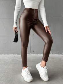 SHEIN Cottnline Women's Zipper Fly Open Front Skinny Pants - Brown - View 4