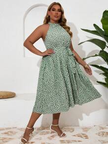 SHEIN Clasi 加大尺碼女裝時尚印花露肩收緊腰裙 - 綠色 - 查看 5