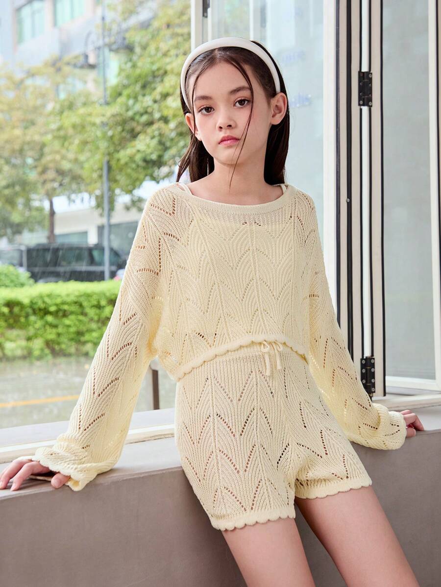 Tween Girl Casual Solid Color Comfortable Sweater Suit With Round Neckline And Pullover Top And Pants - Apricot - View 1
