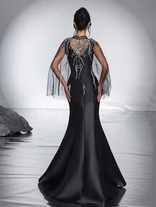 全新黑色優雅披肩設計人魚晚禮服