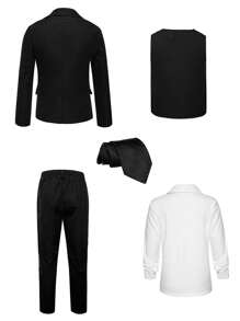 SHEIN 青少年男孩 4 件套绅士服装套装：长袖白衬衫、翻领西装外套、翻领背心和黑色长裤 - 适合生日派对、晚会、婚礼 - 彩色 - 查看 2