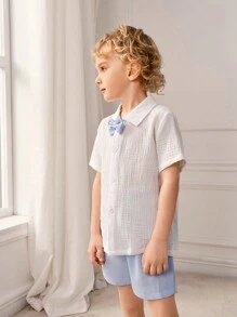 SHEIN Set de 3 piezas (Polo, Pantalones cortos y Gorra) estilo deportivo y elegante para niño, apropiado para la escuela, actividades al aire libre, primavera/verano