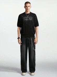 Manfinity EMRG Men's Short Sleeve Knitted Top With Simple Design And Rhinestone Decoration For Daily Wear