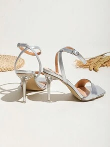 Giày Sandal Cao Gót Vuông Mũi Vuông Gợi Cảm Màu Bạc Cho Nữ, Phong Cách Kỳ Nghỉ, Tiệc Thoải Mái Trong Suốt Dép Sandal - Bạc - Xem 2