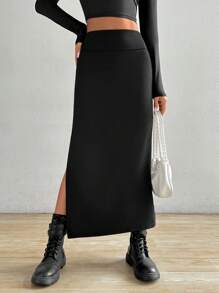 SHEIN EZwear Women's Fashion Solid Color Slim Fit Split Hem Long Skirt