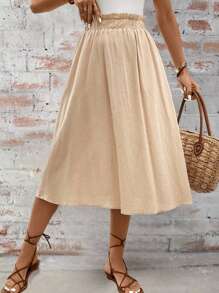 SHEIN LUNE Falda casual de mujer color caqui con dobladillo plisado y bolsillos - Caqui - Ver 3