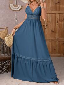 Breezaya Vestido maxi de tirantes finos con contraste de encaje, calado y escote para mujer, atuendo de vacaciones y playa de verano