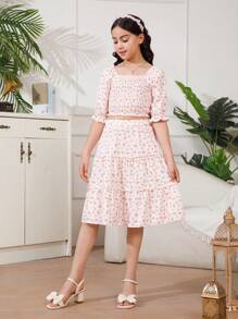 Áo dài tay cổ vuông màu hồng nhạt của Tween Girl và váy chữ A rộng màu hồng nhạt Trang phục phù hợp cho gia đình (4 bộ được bán riêng) - Màu Hồng baby - Xem 5