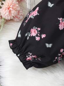 Sparklyn Teen Girl Floral Print Round Neck Short Sleeve Dress - Black - View 3