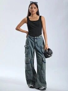 SHEIN Teen Girl Solid Color Knitted U-Neck Sleeveless Top With Curved Hemline For Casual Wear - Black - View 1