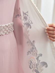 MOTF PREMIUM CASACO FLORAL DE MANGA BARRA EM BLOCO DE COR E VESTIDO DE CINTURA DE PÉROLAS FALSAS E BARDA FLARE - Rosa empoeirado - Visão 8
