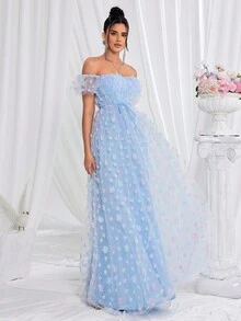 Women's Blue Off Shoulder Mesh Evening Dress - Blue - View 4