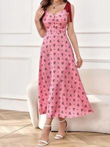 Modelyn Women's Tie Strap High Waist Summer Sundress With Ditsy Floral - Pink - View 3