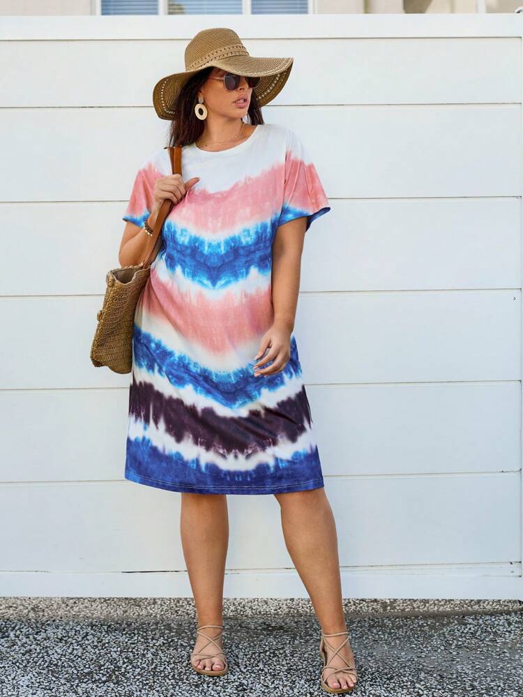 Plus Size Gradient Short Sleeve Vacation Casual Dress